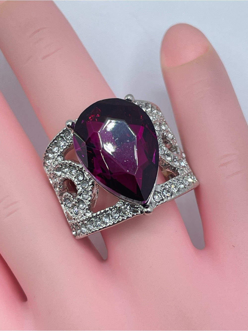 Silver Tone Pink Crystal Stretch Ring Statement Glam Cocktail